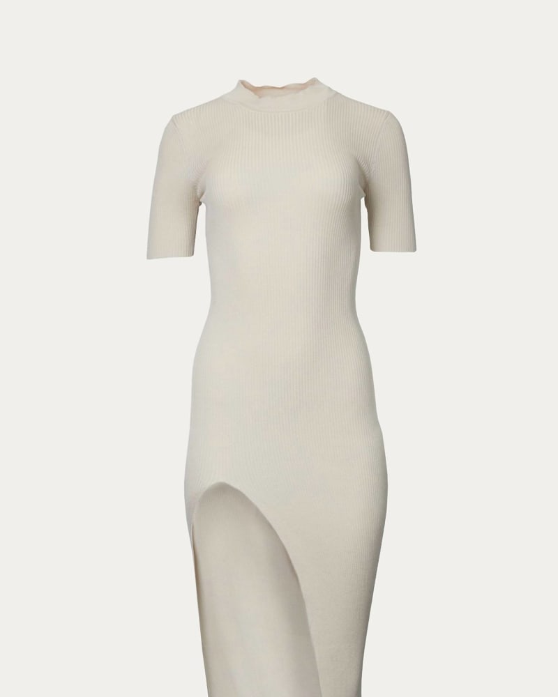 Front of a size L Ribbed Midi Dress With Front Slit in Almond in Almond by SweaterLand. | dia_product_style_image_id:336847